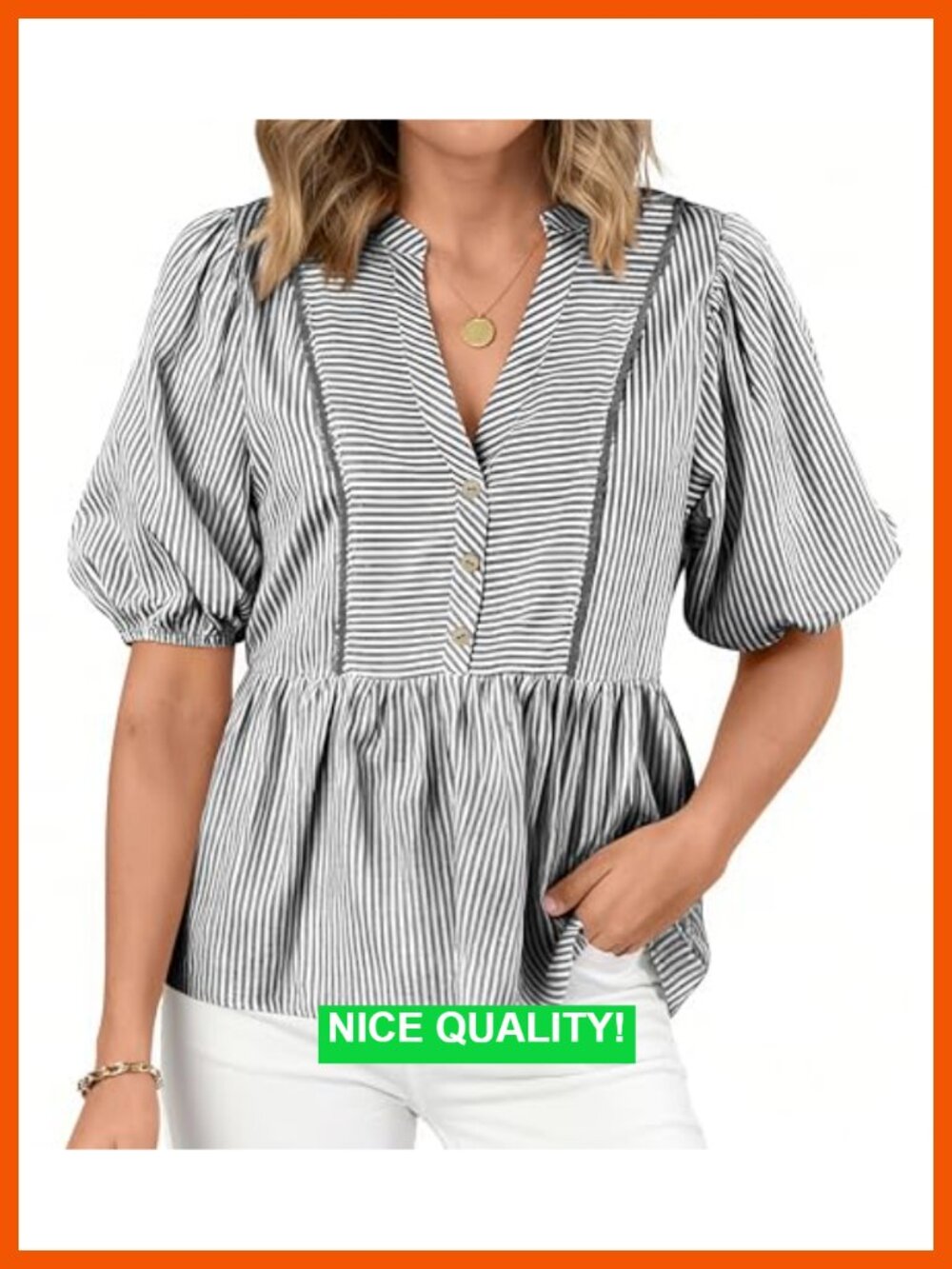 Women's V Neck Button Peplum Babydoll Tunic Blouse